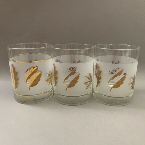 Libbey Double Old Fashioned Frost Gold Leaves Glasses 4 1/8" High Lot of 3 - Picture 1 of 10